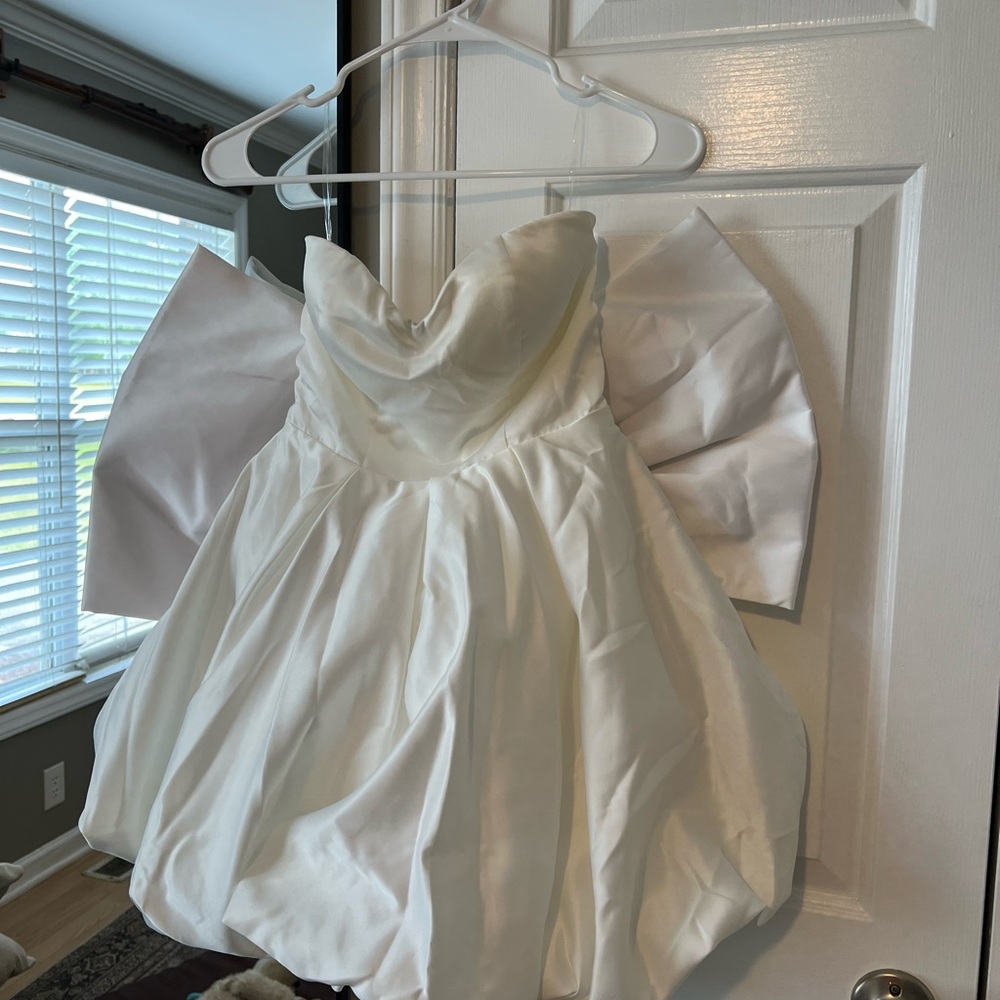White Strapless Bubble Mini Dress with Statement Bow Sleeves